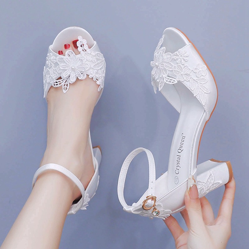 Peep Toe Heels - المرأة الحرير الأبيض عالية الكعب الصيف