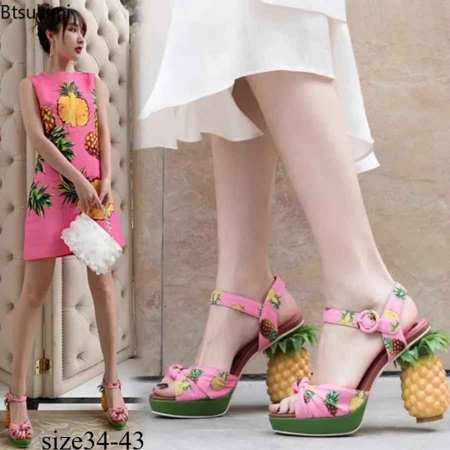 Peep Toe Heels - صنادل نسائية عصرية وممتعة بنقشة الأناناس،