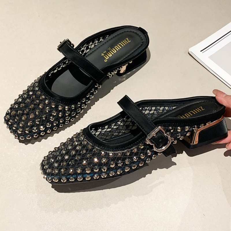 شبكة حجر الراين صندل بكعب مكتن - مراجعة Mule Slip On وسعره